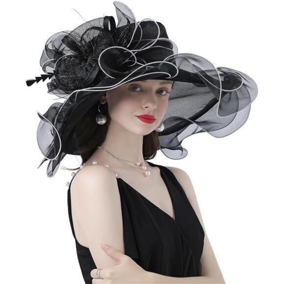 Women's Kentucky Derby Church Dress Hat A-black,white Edge - Picture 2 of 5